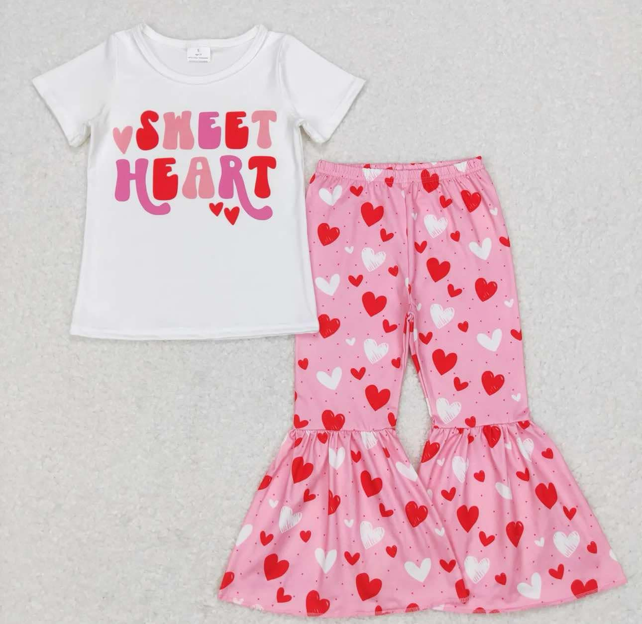 Baby Girls White Short Sleeves Sweat Hearts Top Bell Bottom Pant Valentines Set