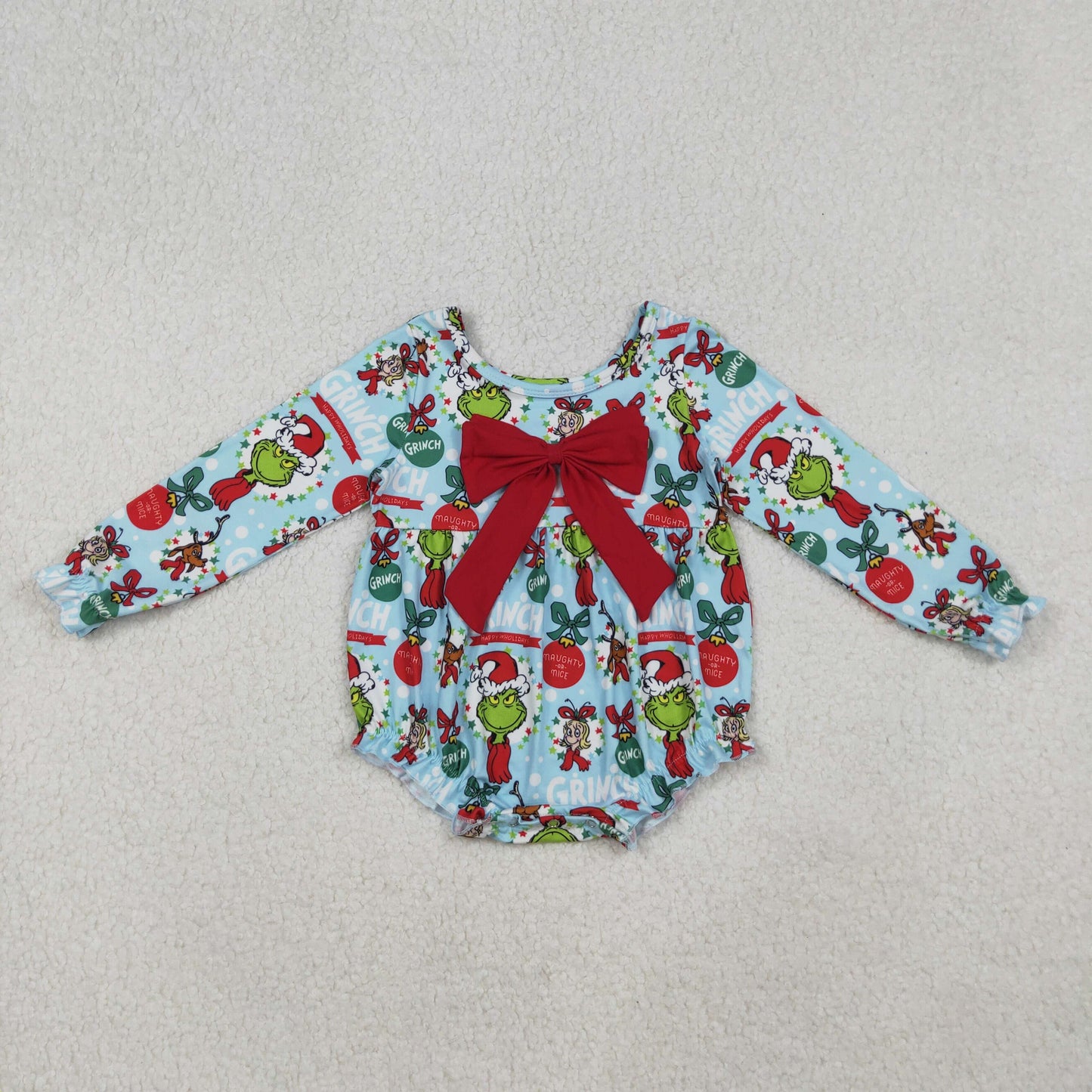 LR2575 Baby Girls Christmas Grinc Long Sleeve Romper With Bow