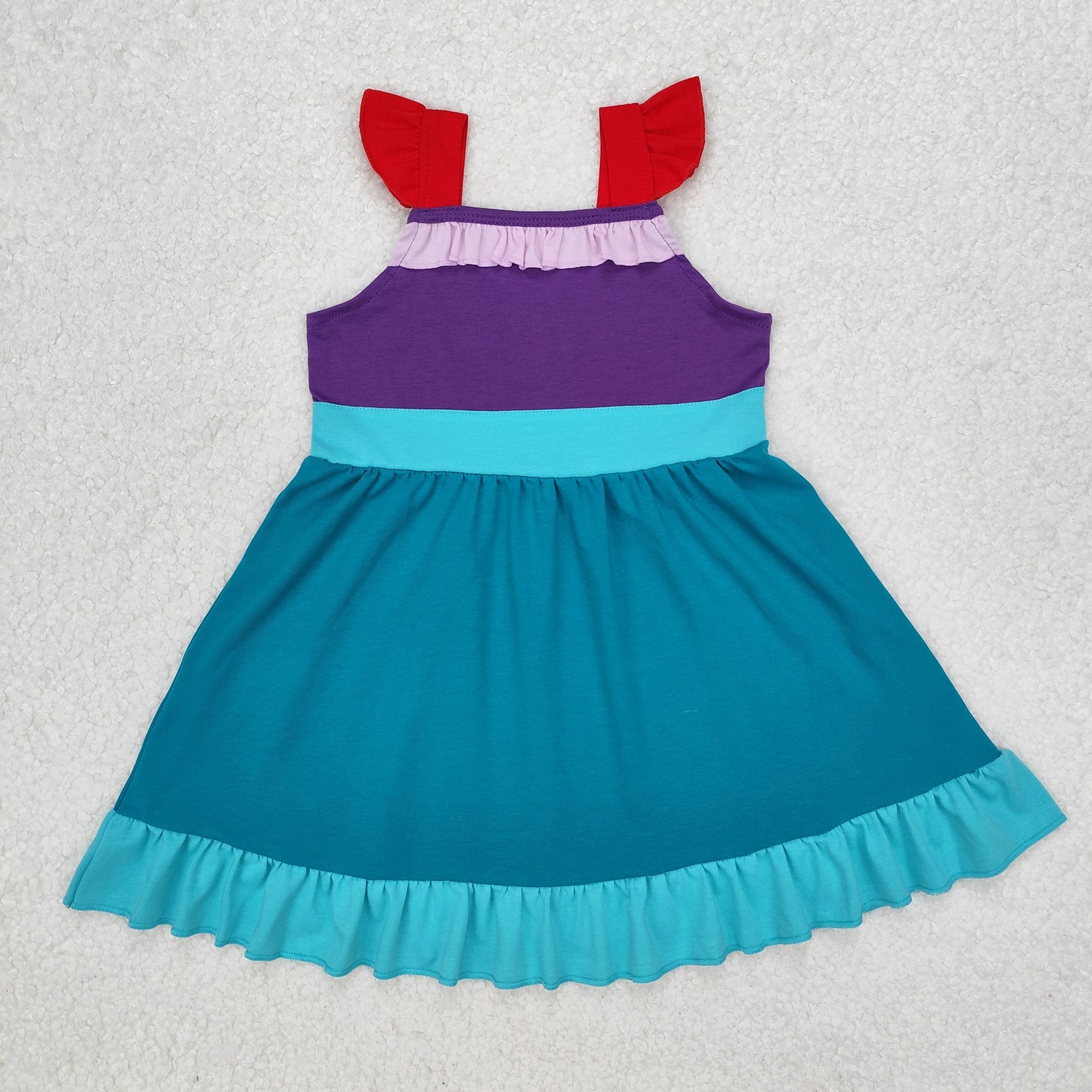 Baby Girls Red Flutter Sleeves Purple Blue Patchwork Ruffle Dresses