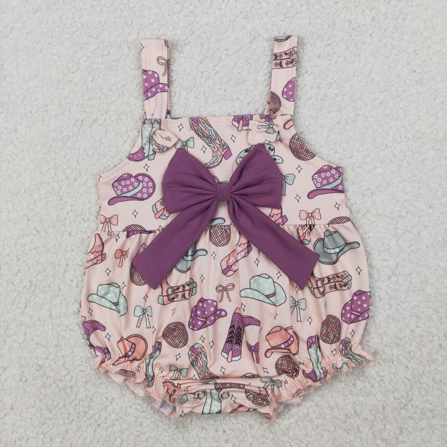 SR2897 Baby Girls Western Purple Bow Bubble Romper