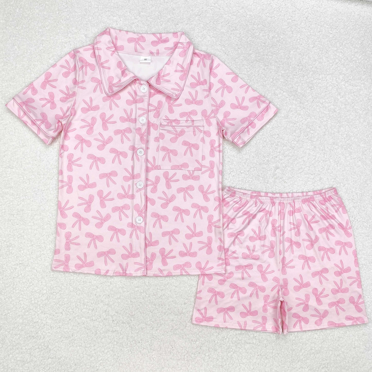 Adult Women Pink Bow Button Shorts Pajama Set