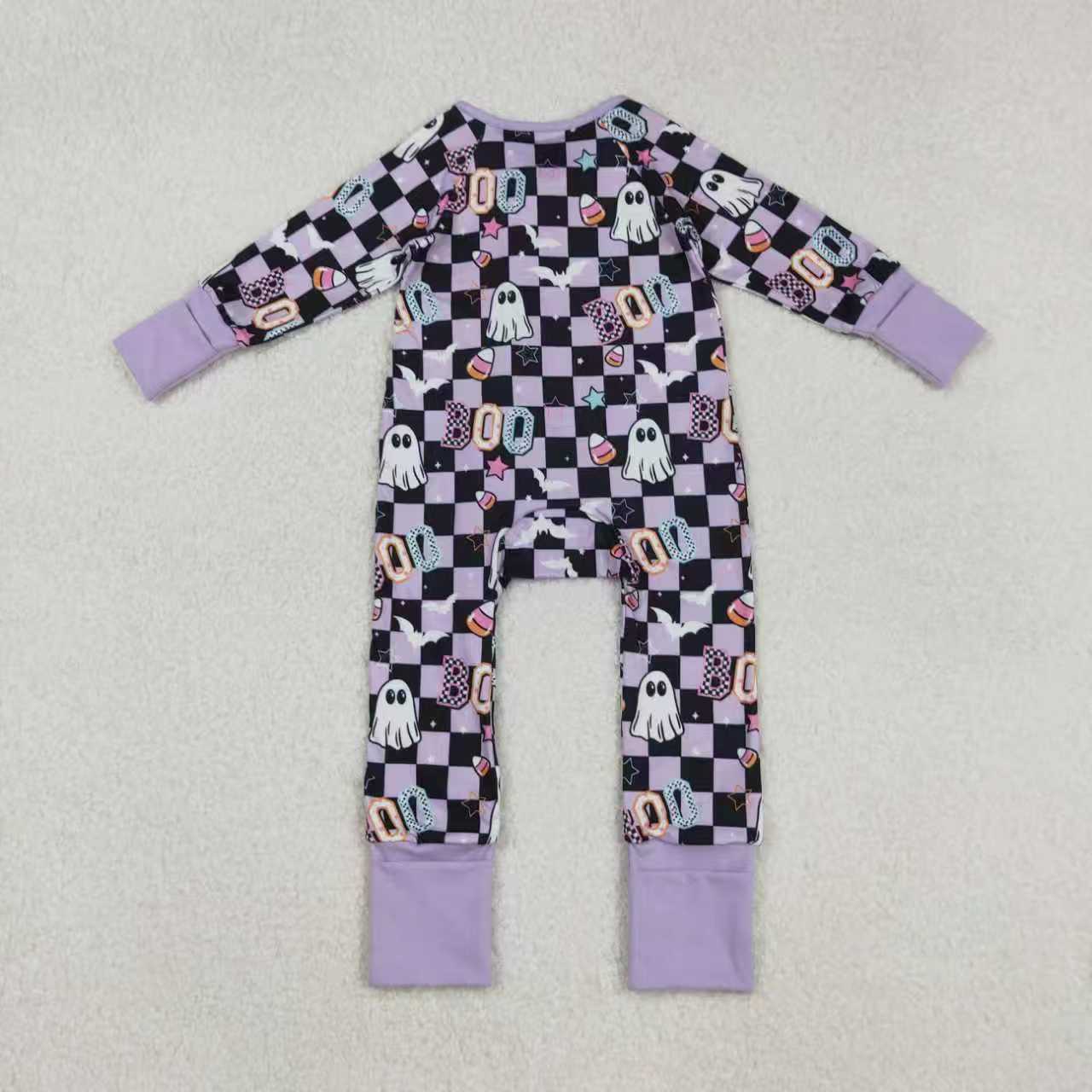 Sibling Baby Girls Halloween Ghost Boo Checked Pajama Set +Romper