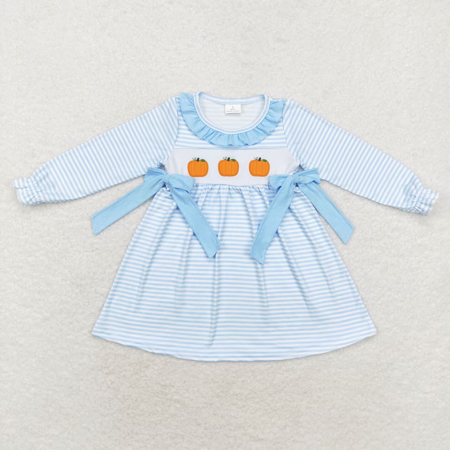 GLD0614 Baby Girls Fall Pumpkin Blue Striped Long Sleeve Dress