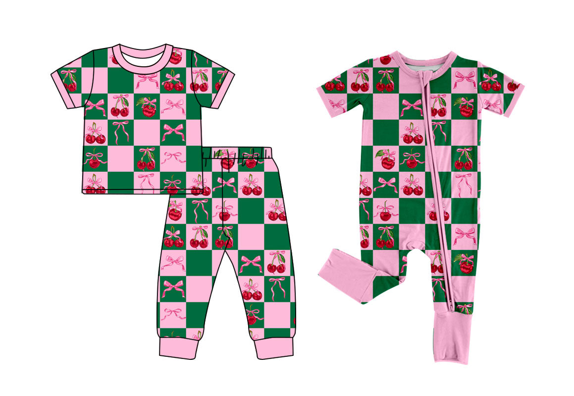 5 MOQ Preorder Kids Girls Bow and Cherry Short Sleeve Pajama Set +Romper