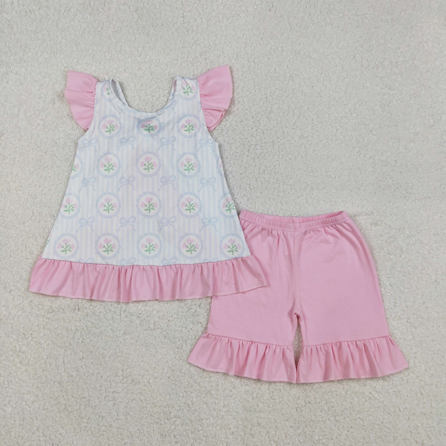 GSSO2732 Pink Flowers Blue Bow Top With Pink Shorts Set