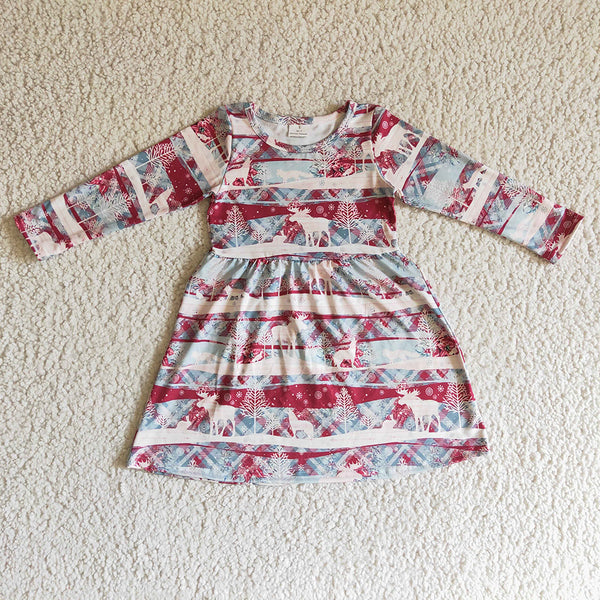 GLD0116 Baby Girls Western Christmas Elk Long Sleeve Dress