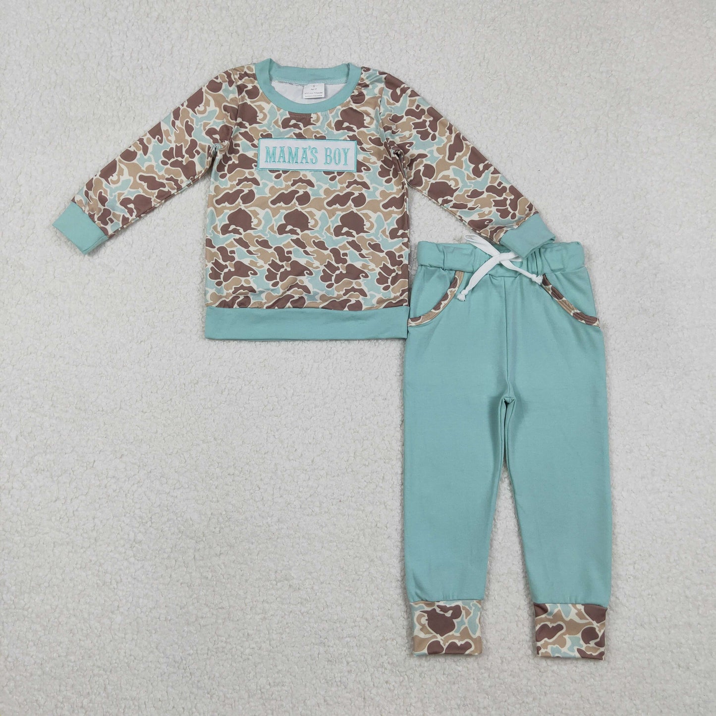 BLP1336 Embroidery Mama's Boy Blue Camo Long Sleeve Jogger Set