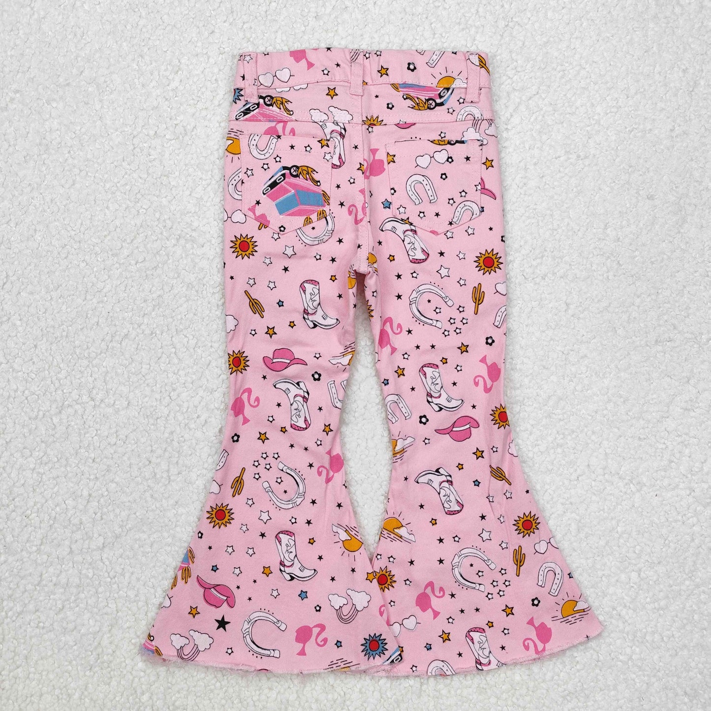 Baby Girls Pink Boots Stars Cactus Print Bell Bottom Pockets Denim Pant