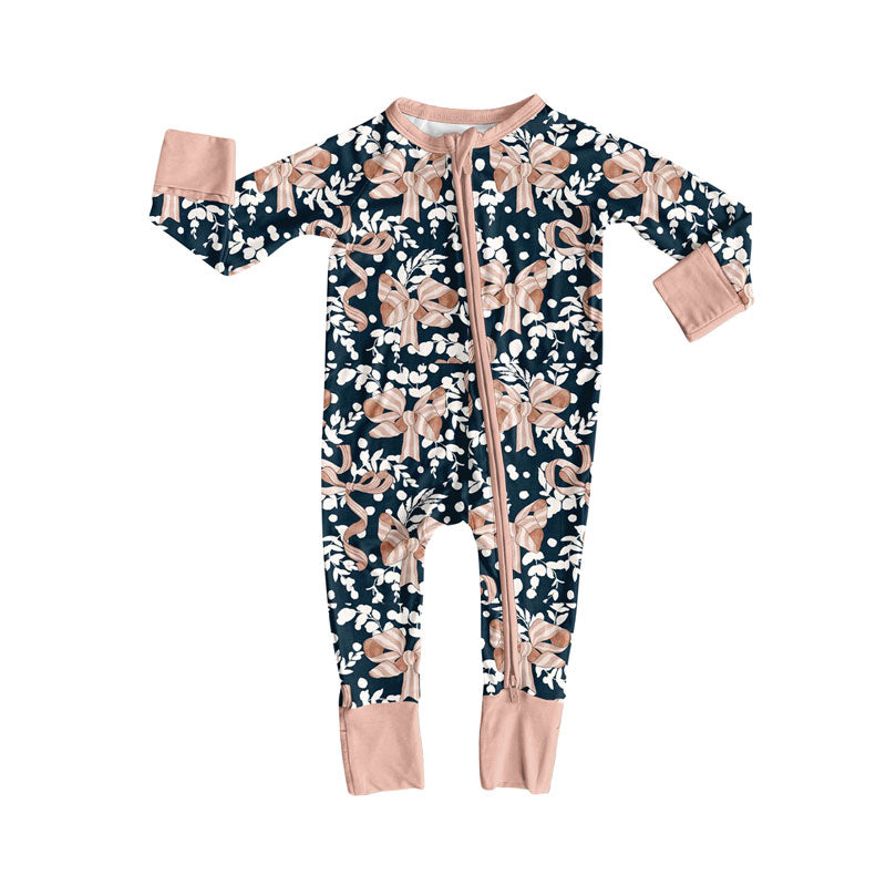 Preorder , 5 MOQ Baby Girls Bows In Navy Color Long Sleeve Footed Romper Preorder