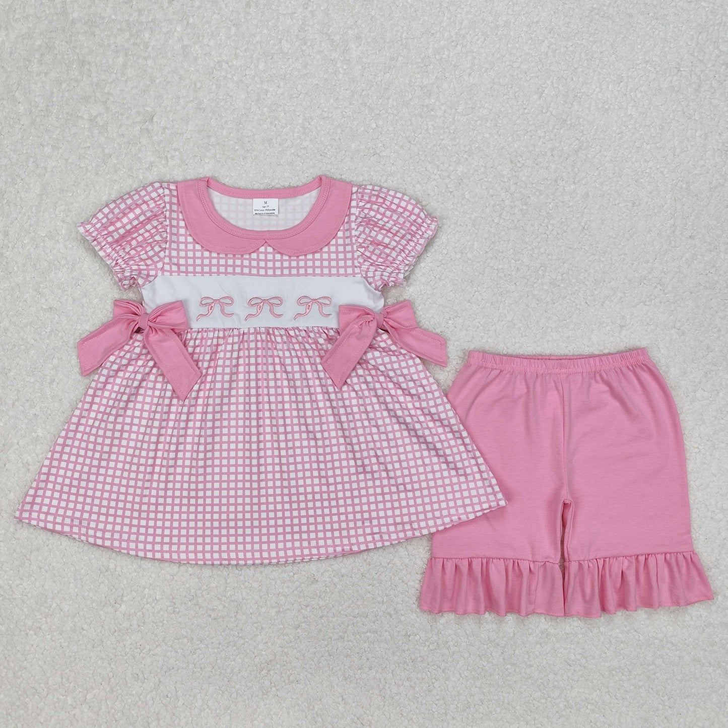 Baby Girls Pink Pliad Short Ruffle Sleeves Embroidery Bows Tunic Ruffle Short Set