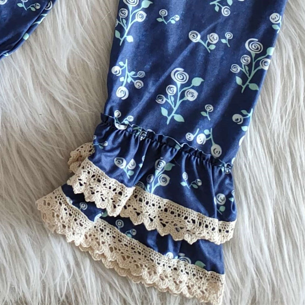 Winter Gray Cotton Top Navy Pants Set With Lace