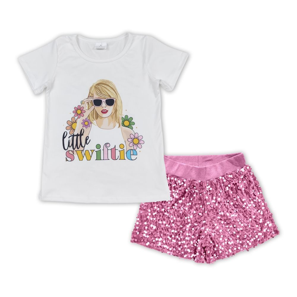 Kids Girls Little Swifties Top Pink Sequin Shorts Set