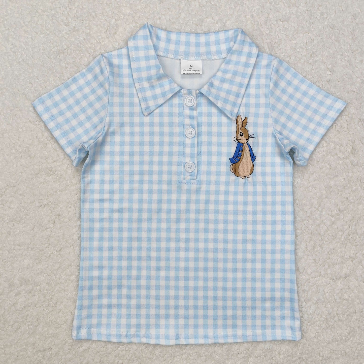 Baby Boys Light Blue Plaid Embroidery Bunny Button Down Polo Shirt Top
