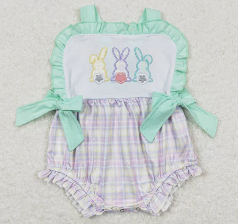 Sibling Baby Girls Embroidery Bunny Easter Set And Rompers