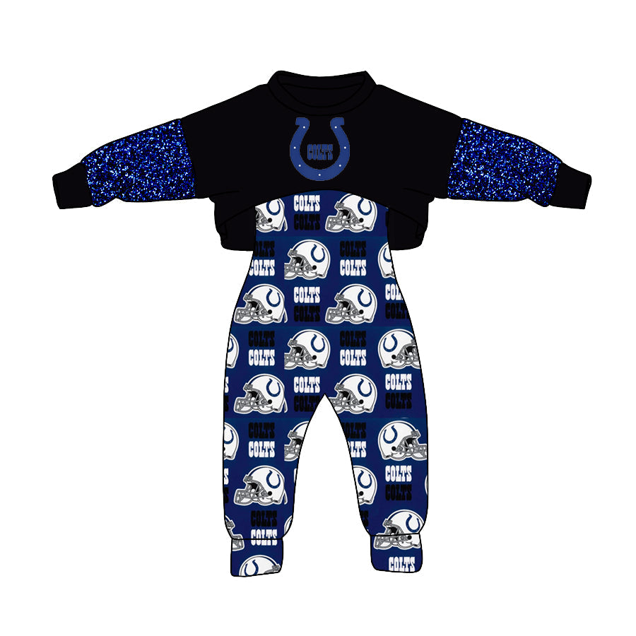 5 MOQ Kids Girls Colts Football Team Top and Jumpsuit Set
