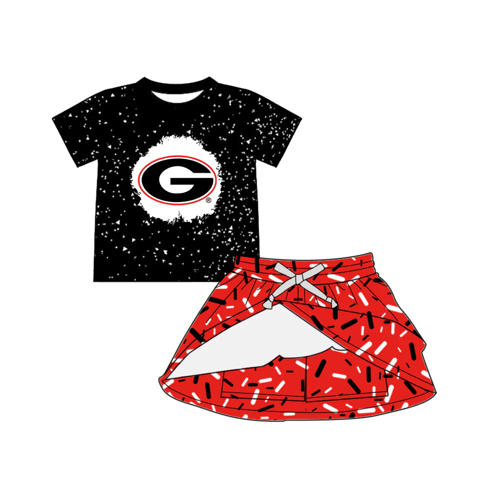 Preorder 5 MOQ Baby Girls Black Short Sleeves G Top Red Drip Skirts Team Set