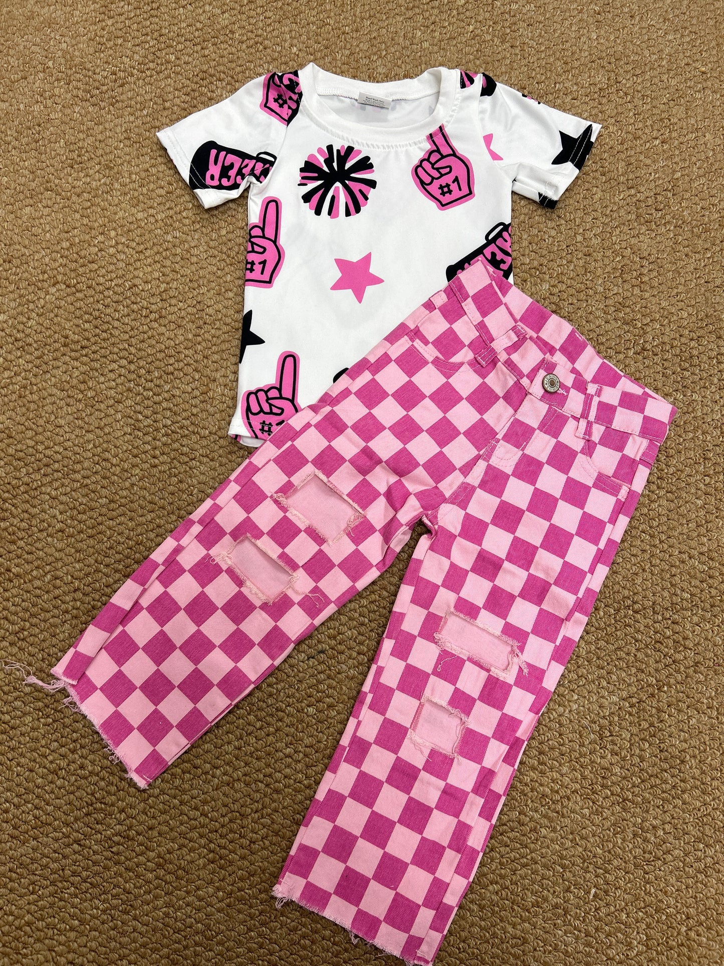 Baby Girls Pink Sport Cheer Top With Checkec Jeans set