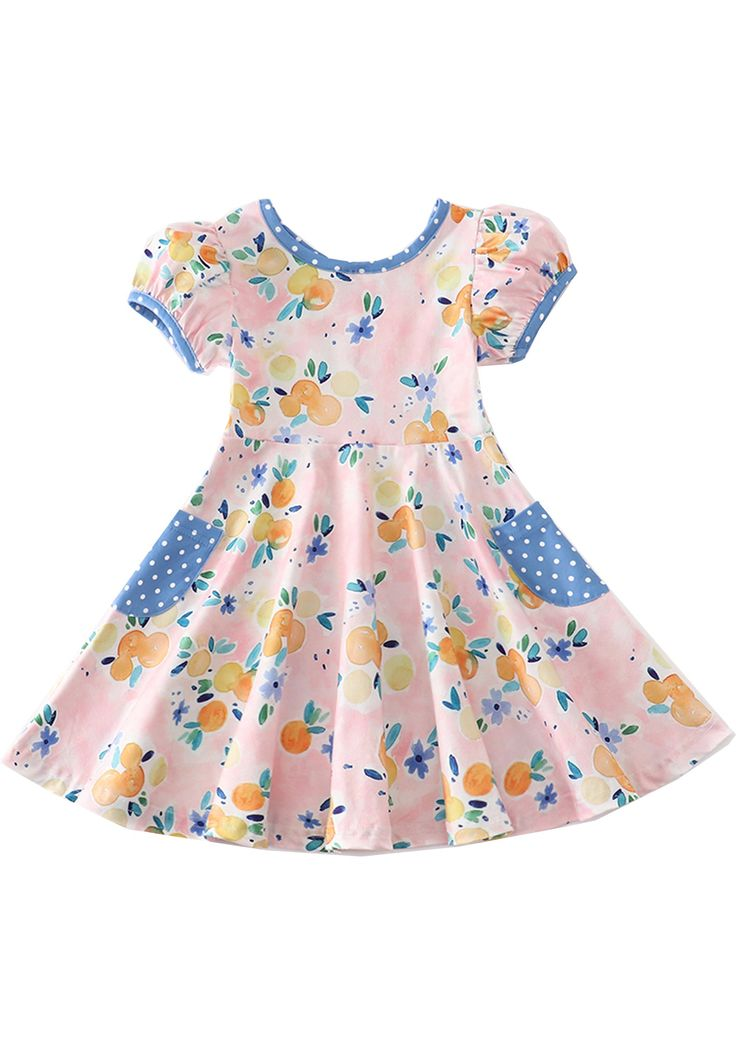 5 MOQ Baby Girls Peach Print Short Sleeve Dress