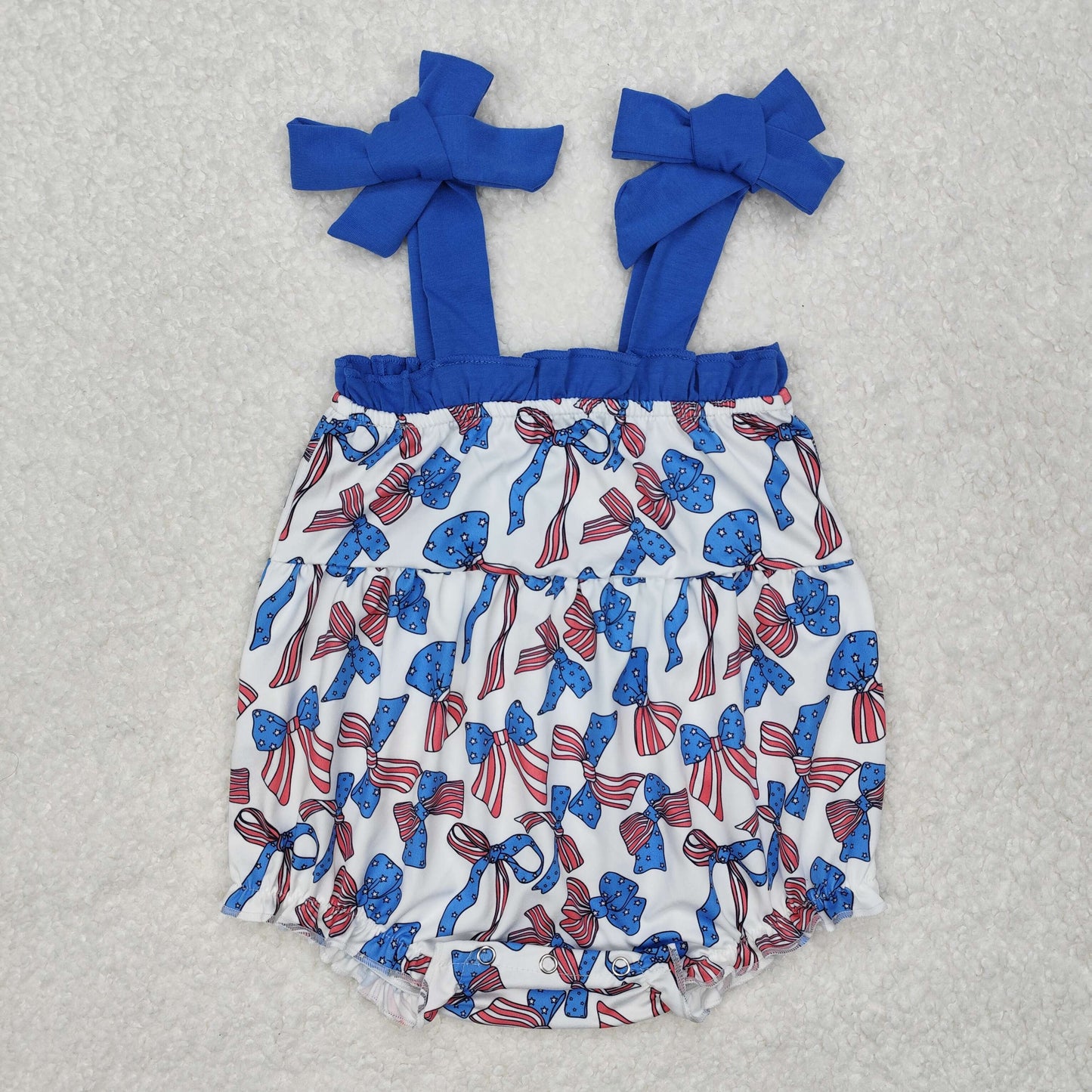 Baby Girls Blue Strap Red Bows 4th Of July Romper