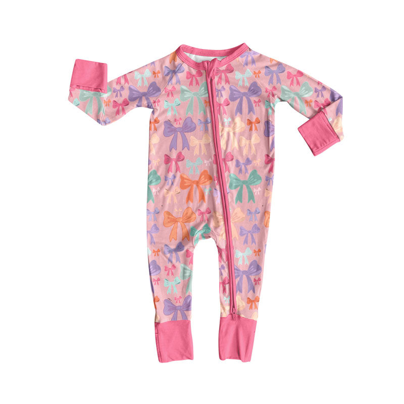 Preorder , 5 MOQ Baby Girls Colorful Bow Long Sleeve Footed Romper