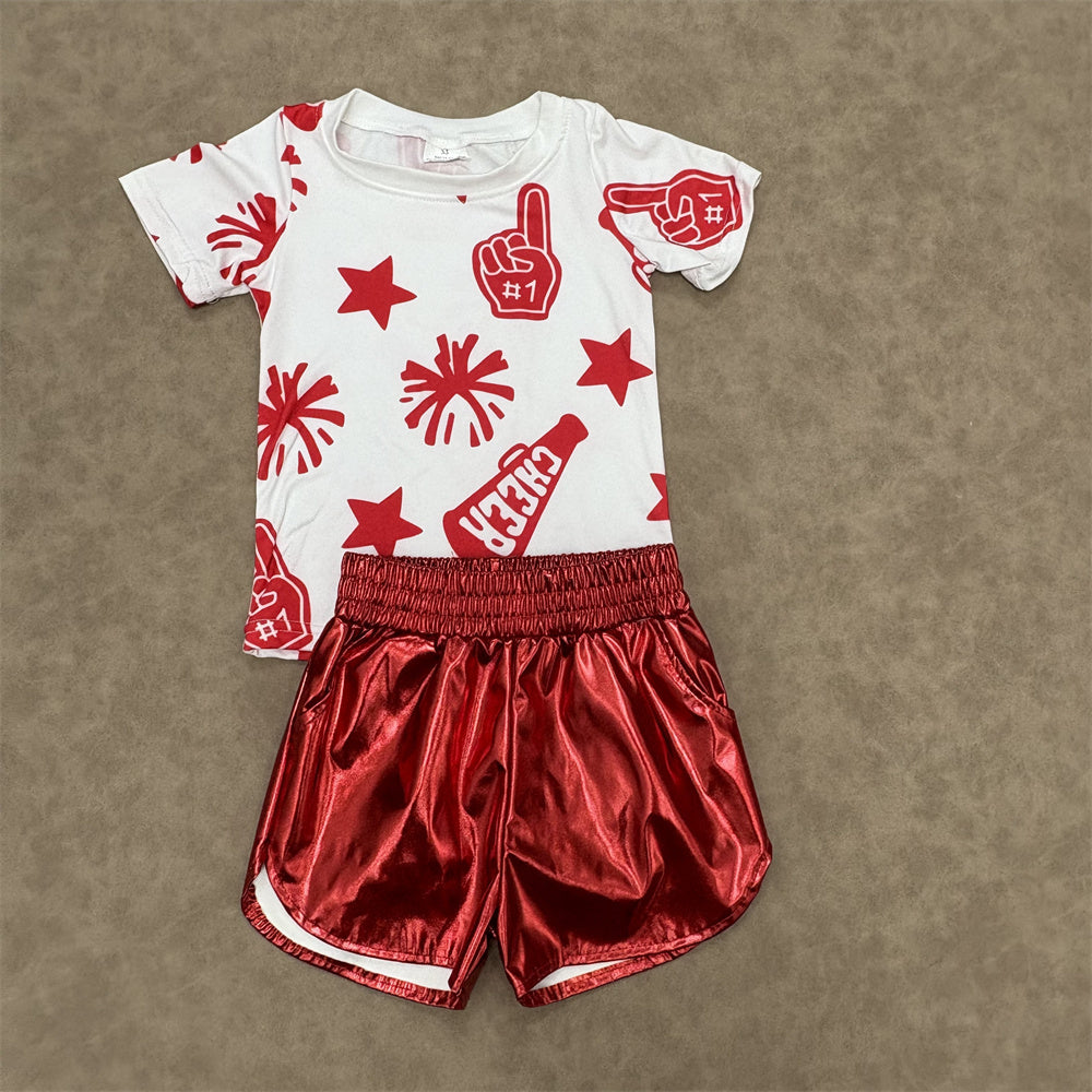 Kids Girls Red Sport Team Cheer Top With Checked Jeans Outfit