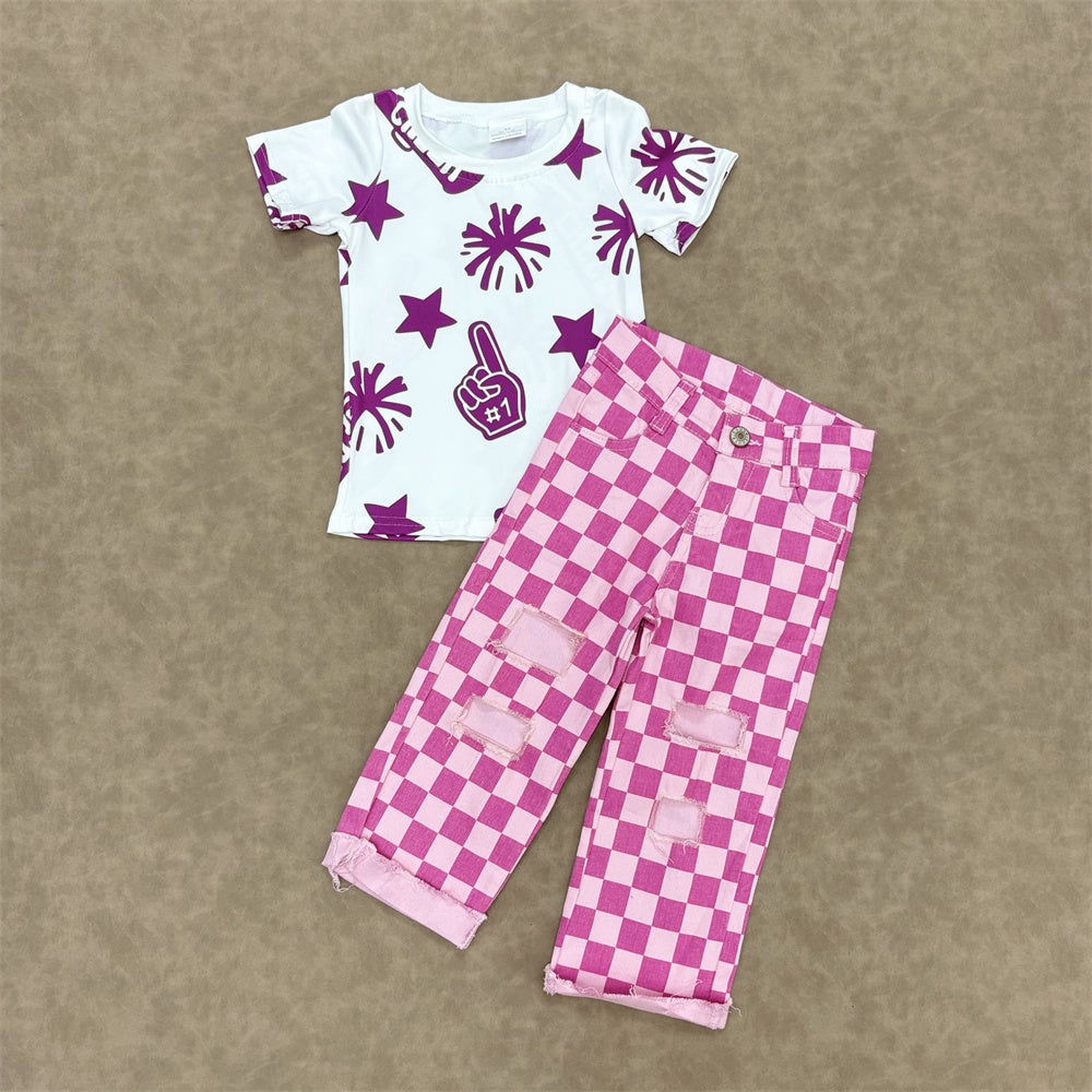 Kids Girls Purple Sport Team Cheer Top With Checked Jeans Outfit