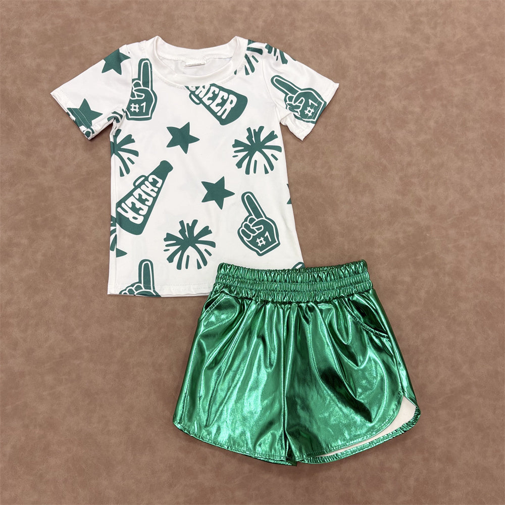 Kids Girls Green Cheer Short Sleeve Top With Checked Jeans Set