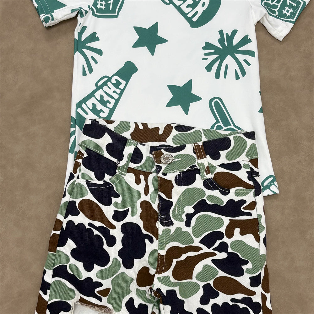 Kids Girls Green Sport Team Cheer Top With Camo Jeans Outfit