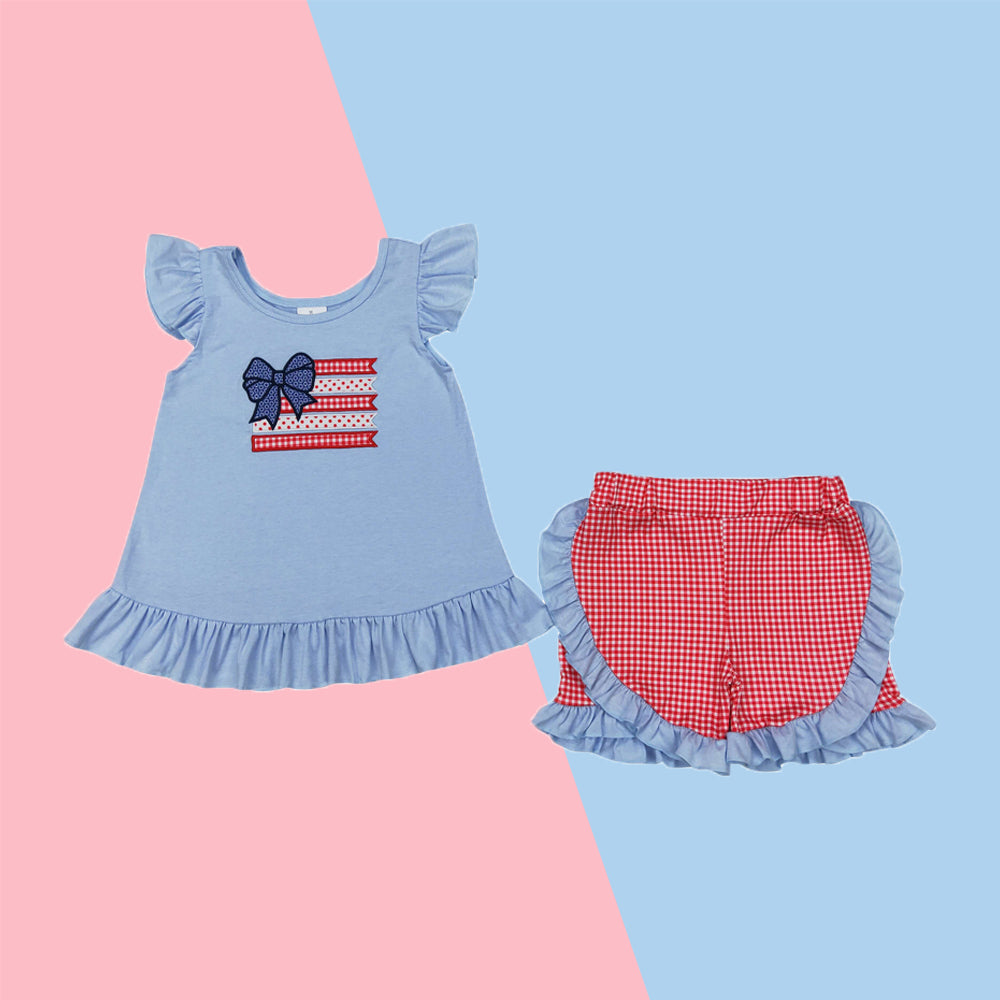 Baby Girls Gray Flutter Sleeves Embroidery Bow Tunic Red Plaid Ruffle Shorts 4th Of July Set