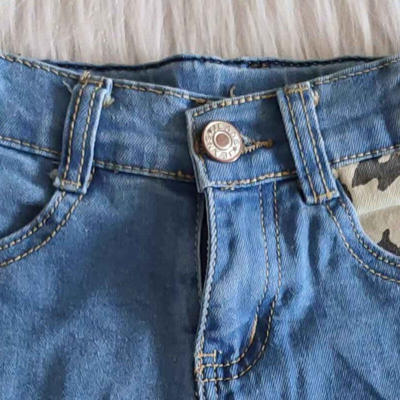 Blue Denim Leopard Ruffle Pants