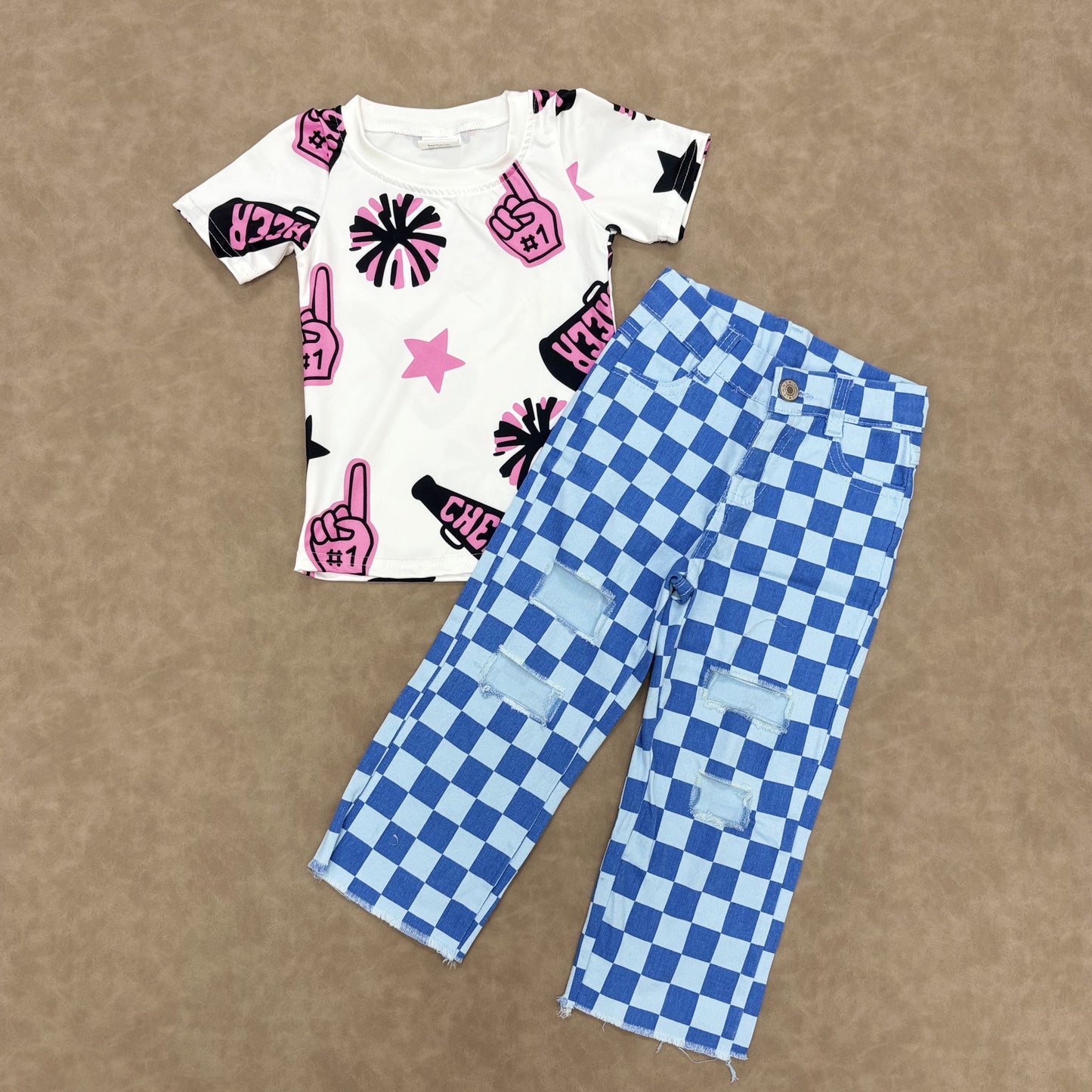 Baby Girls Pink Sport Cheer Top With Blue Checkec Jeans set