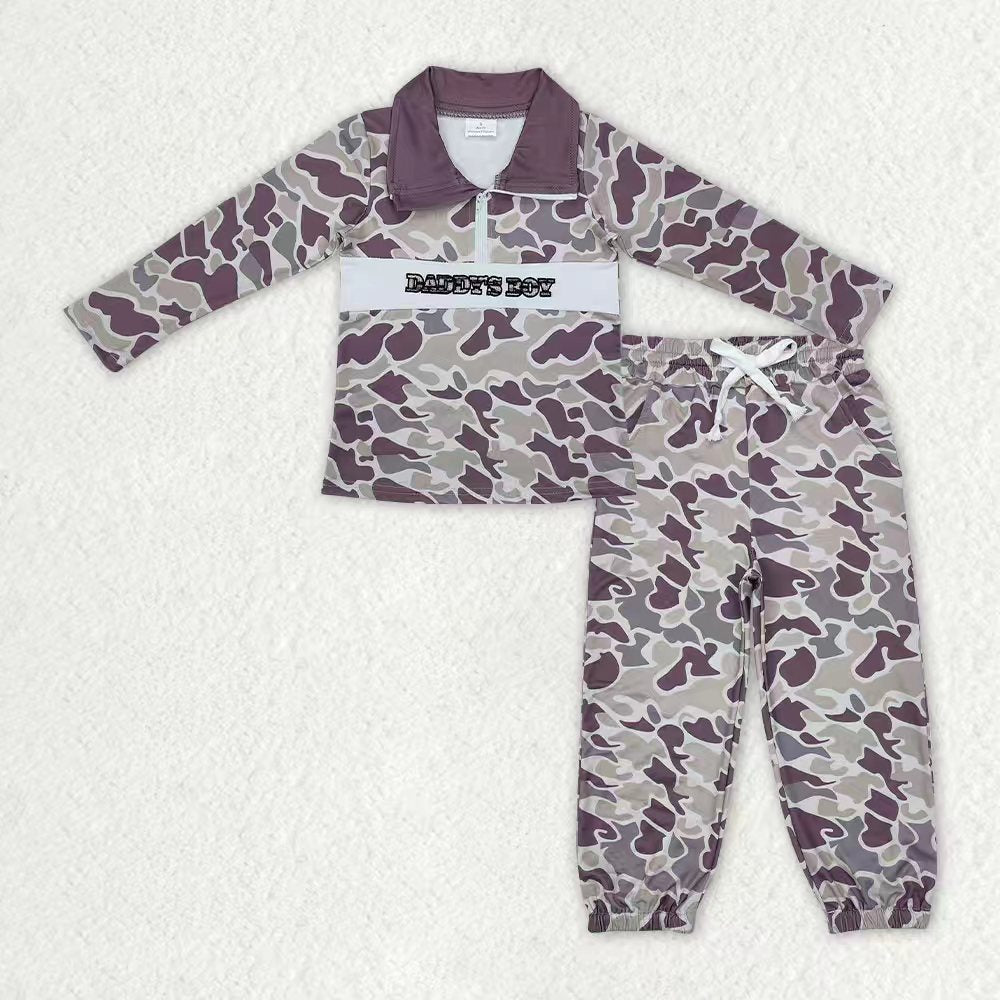 Toddler Boys Hunting Embroidery Zipper Pullover Top Camo Jogger Set