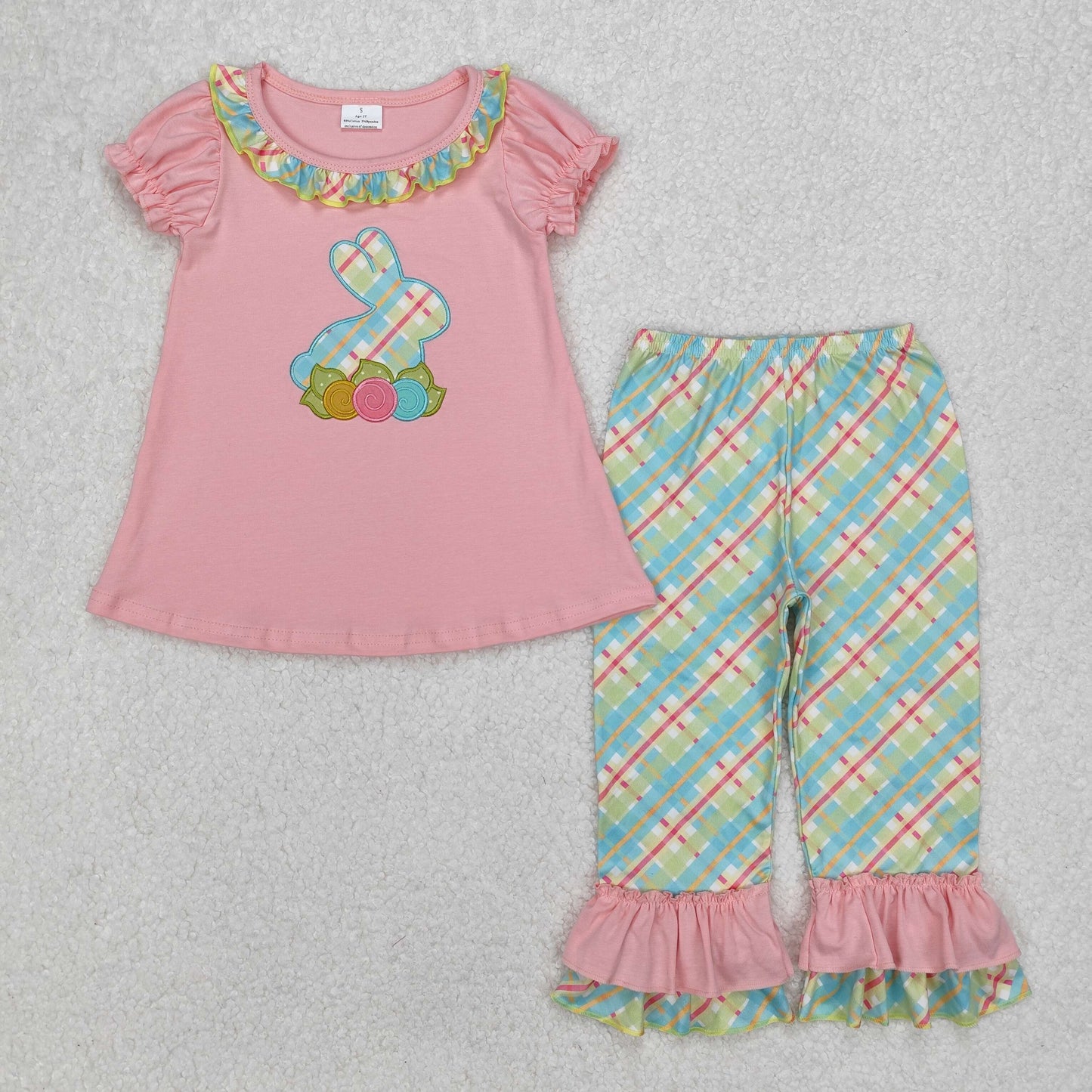 Baby Girls Pink Short Sleeves Embroidery Bunny Tunic Aqua Plaid Ruffle Pant Set