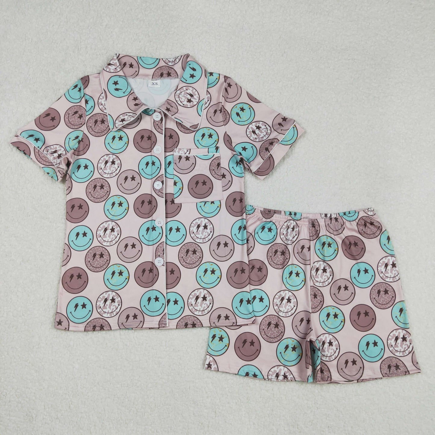 Mama And Me Brown Short Sleeves Button Down Pocket Smiles Top Shorts Pajamas Set