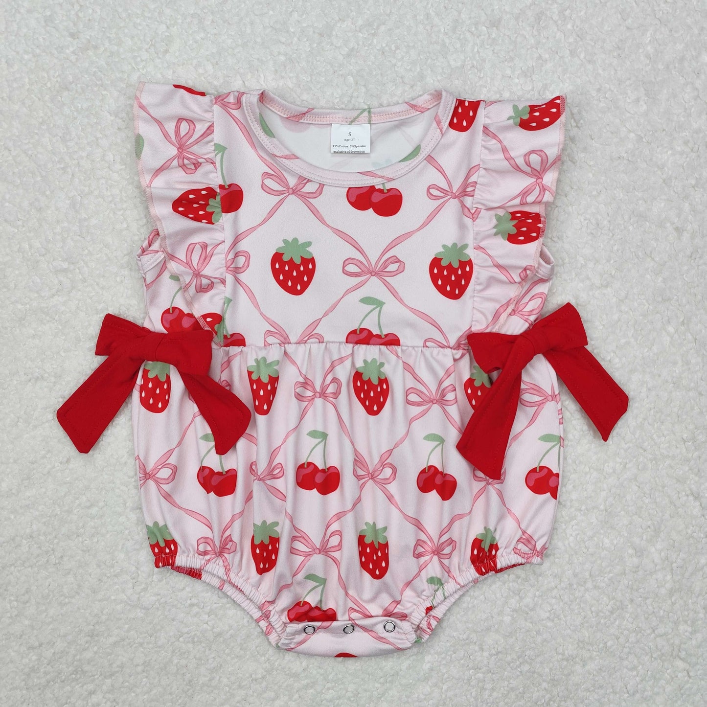 Baby Girls Pink Flutter Sleeves Bows Strawberry Print Valentines Romper