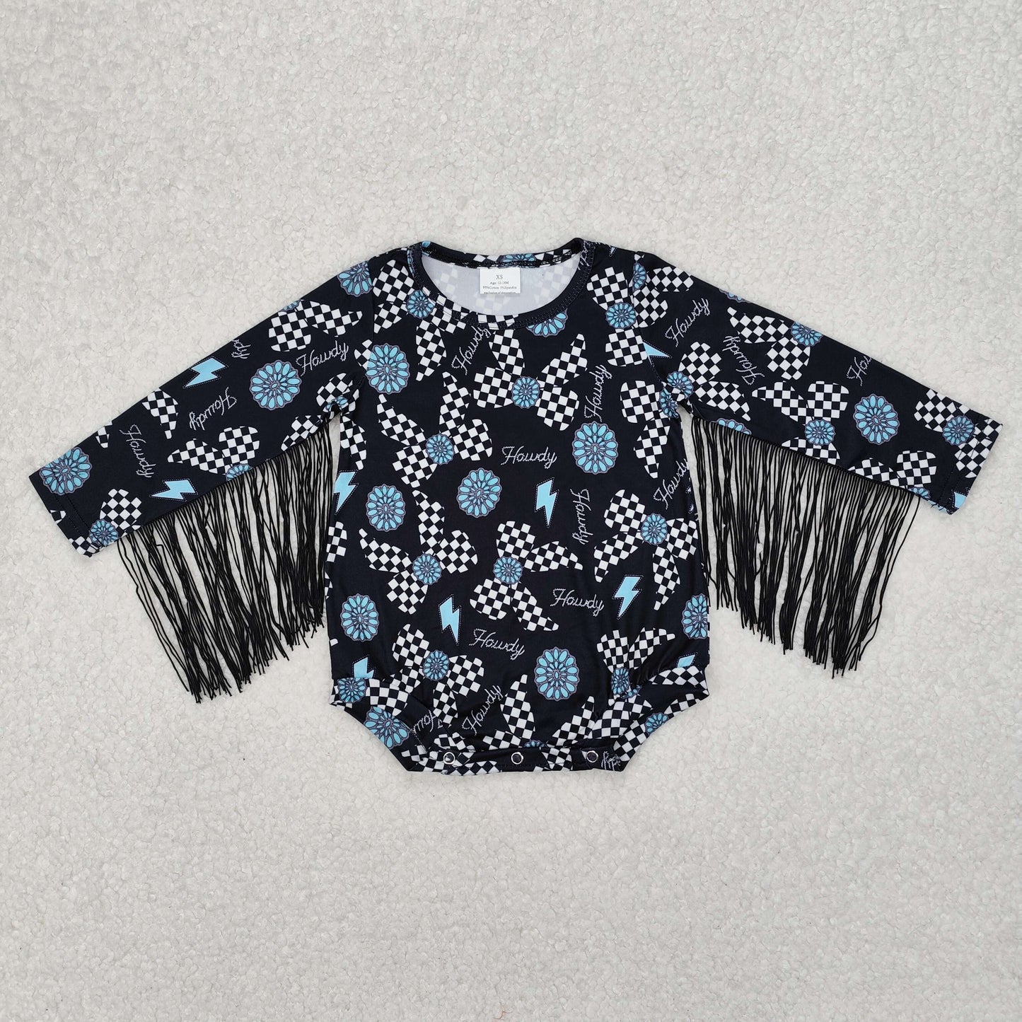 Baby Girls Black Short Sleeves Plaid Bows Turquoises Tassel Romper