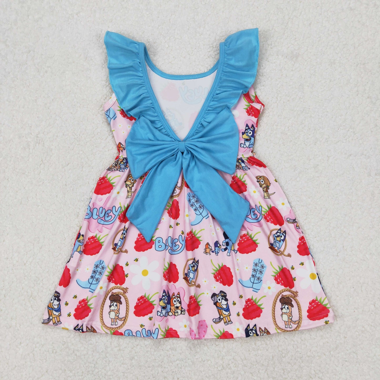 Baby Girls Blue Sleeveless Bows Backless Cartoon Dogs Strawberry Dresses