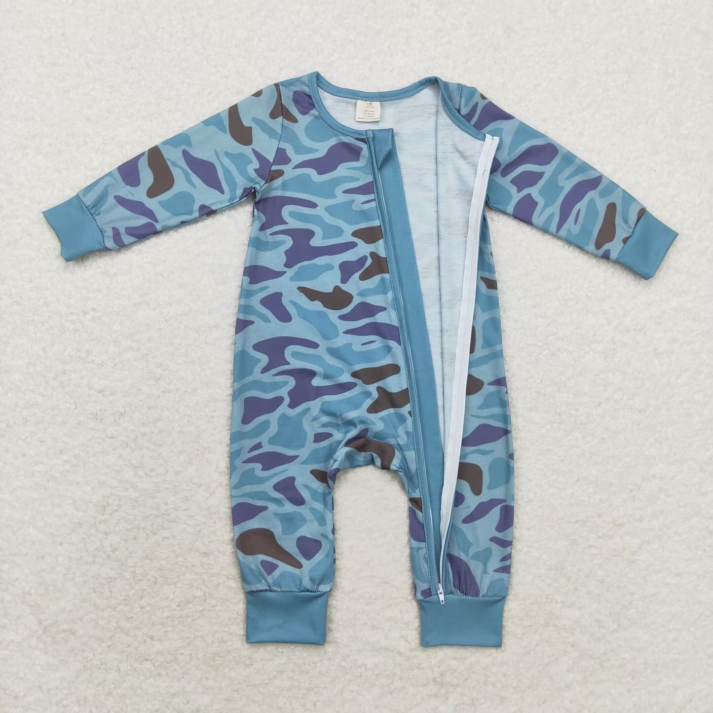 Baby Boys Green Camo Long Sleeve Zip Bamboo Romper