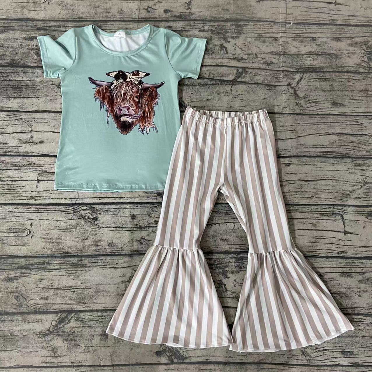 Kids Girls Short Sleeve Heifer Top and Striped Bell Bottom Pants Outfit