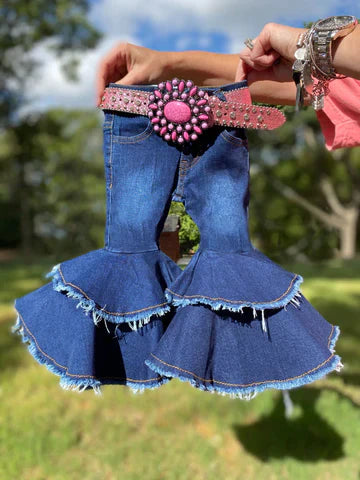 P0003 USA Shop Baby girls navy blue bleached double ruffle denim pants