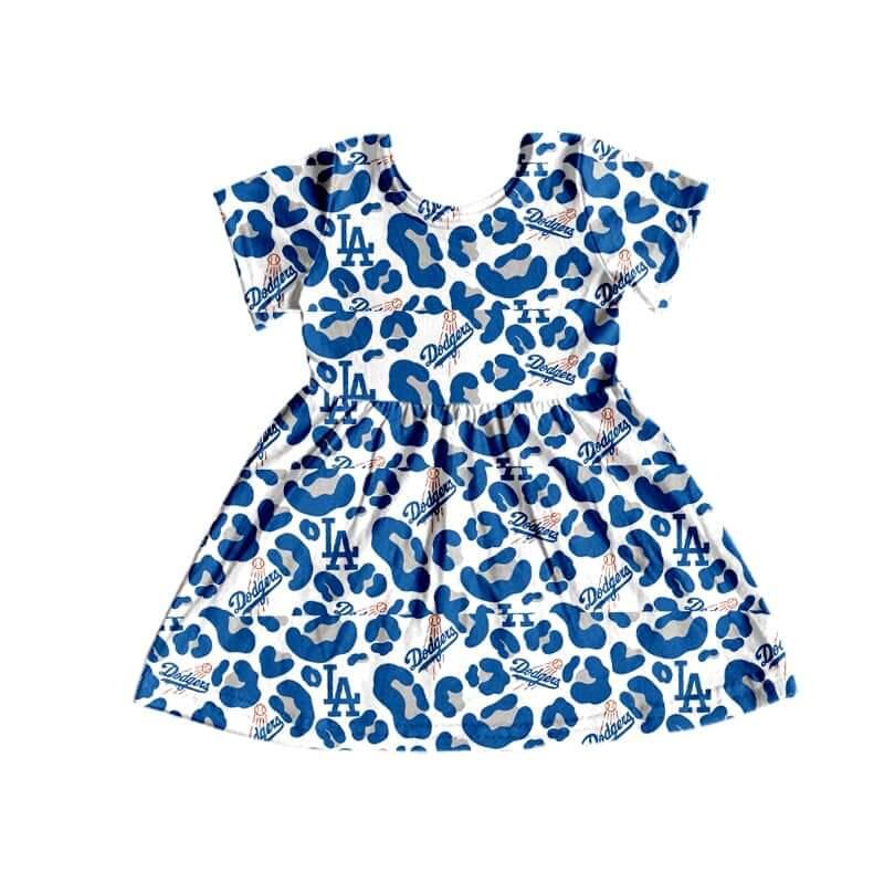 Baby Girls Short Sleeve Blue Leopard Football Team Dress 5 MOQ