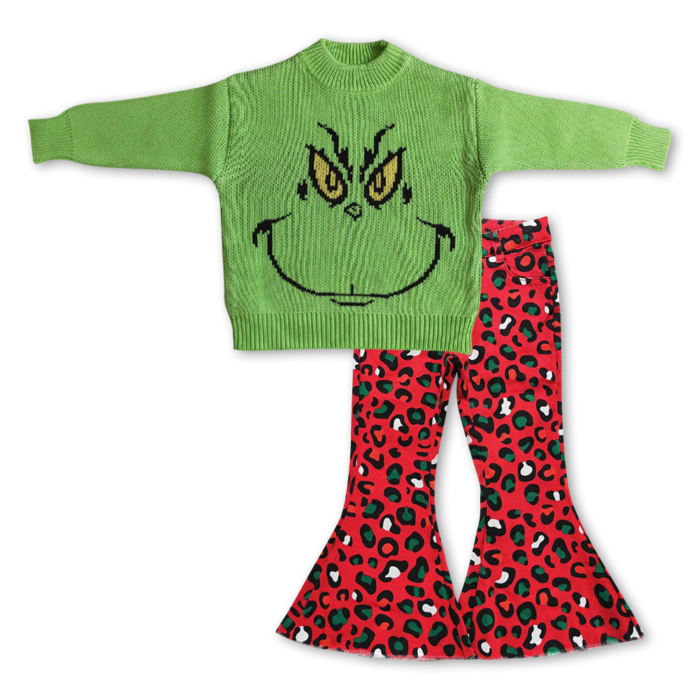 Baby Girls Christmas Green Face Sweater and Red Leopard Denim Pants Outfit