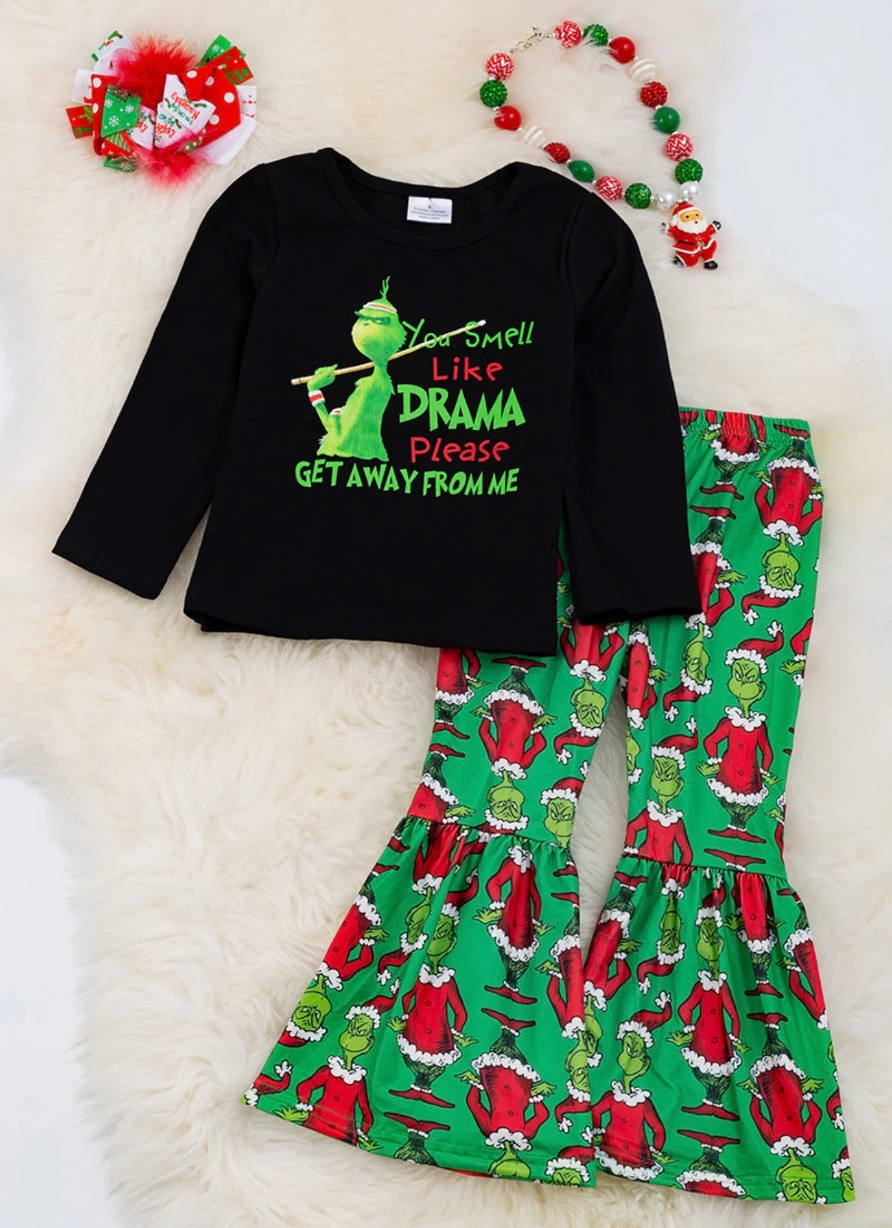 Custom ⚠ 3 MOQ Kids Girls Green Face Christmas Outfit