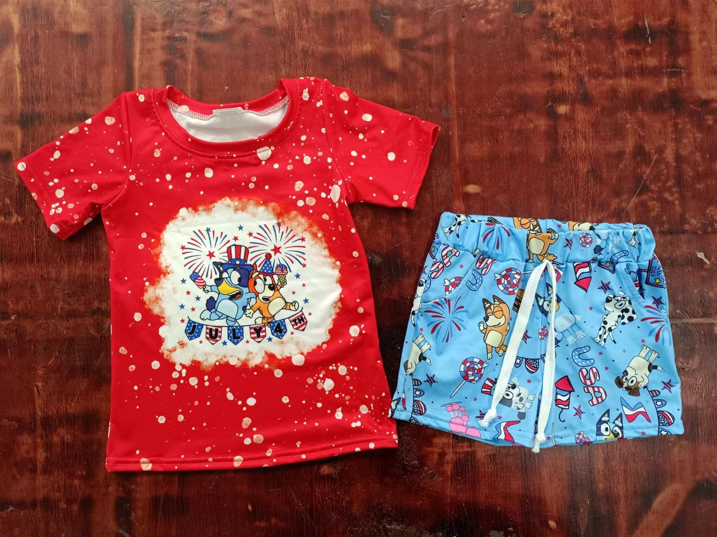 July 4th Cartoon Blue Dog Boys Shorts Set 3 MOQ Pre-order