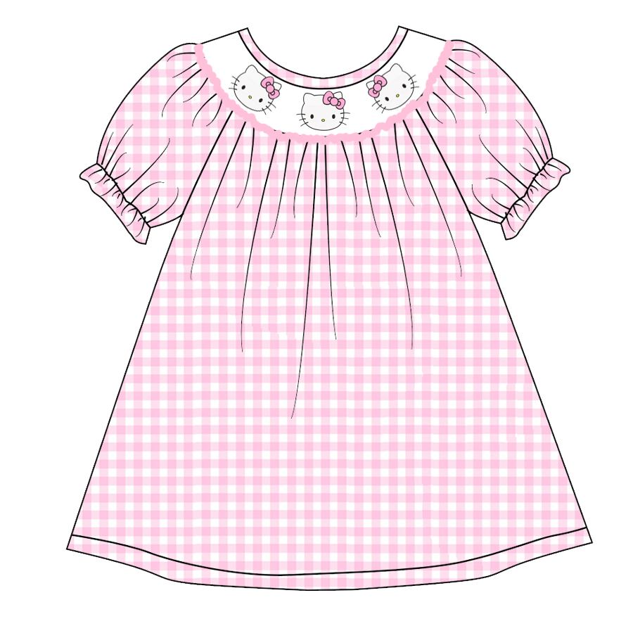 Baby Girls Cartoon Cat Pink Gingham Dress Preorder 3 MOQ