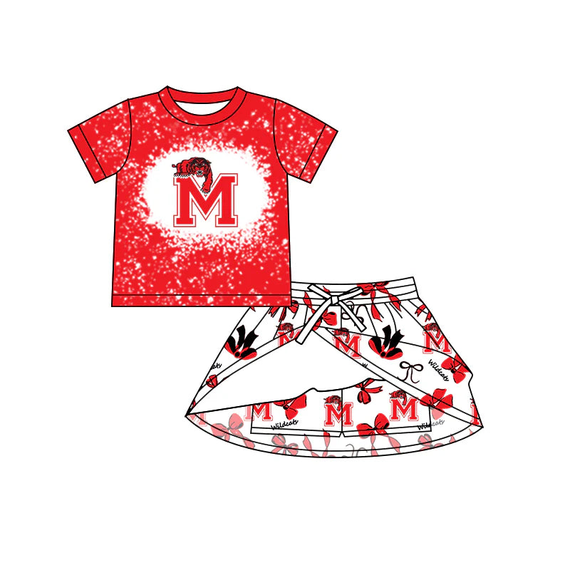 Preorder 5 MOQ Baby Girls Red Short Sleeves Wildcats Top Bows Skorts Team Sets