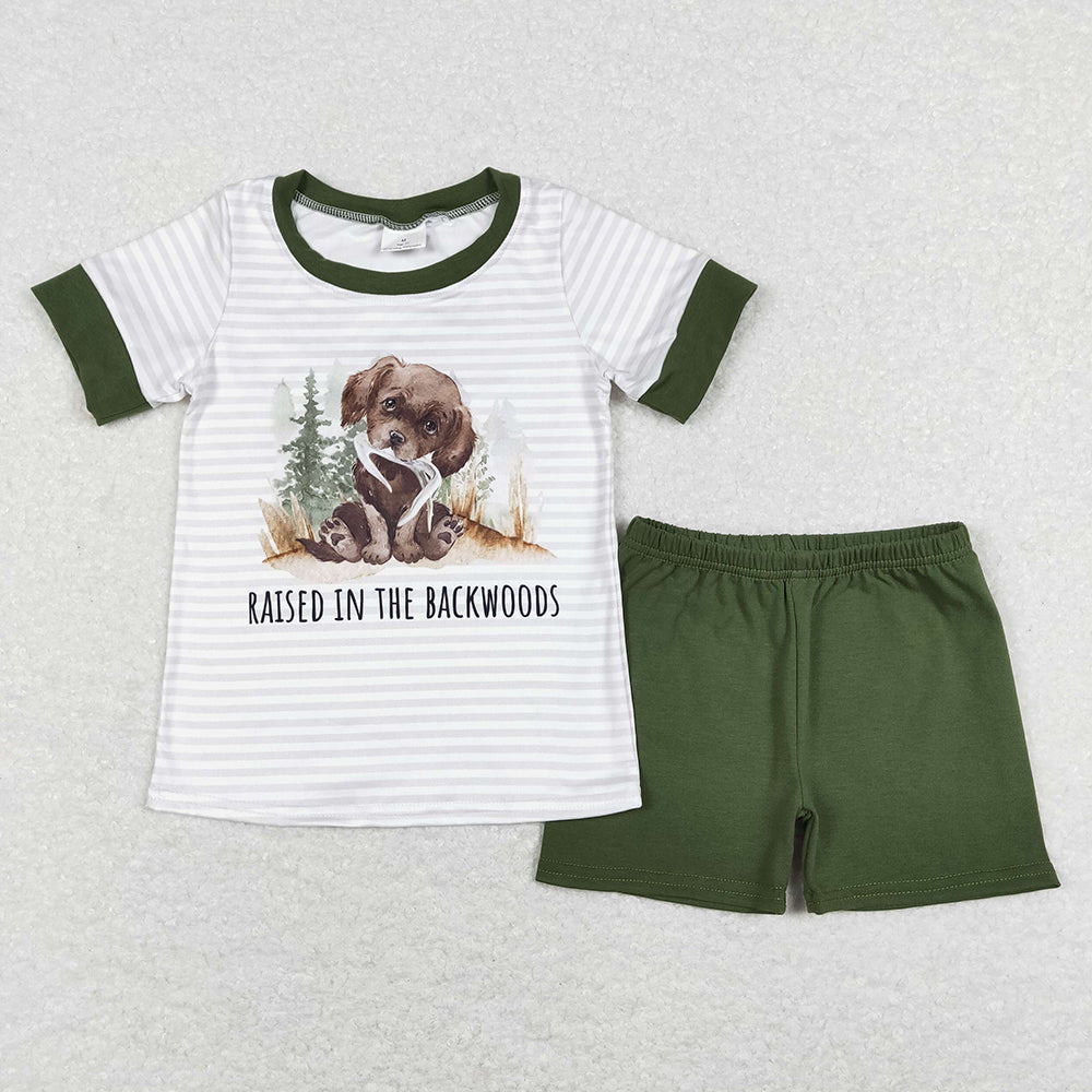 Baby Boys Stripe Short Sleeves Dog Backwoods Top Dark Green Short Western Set