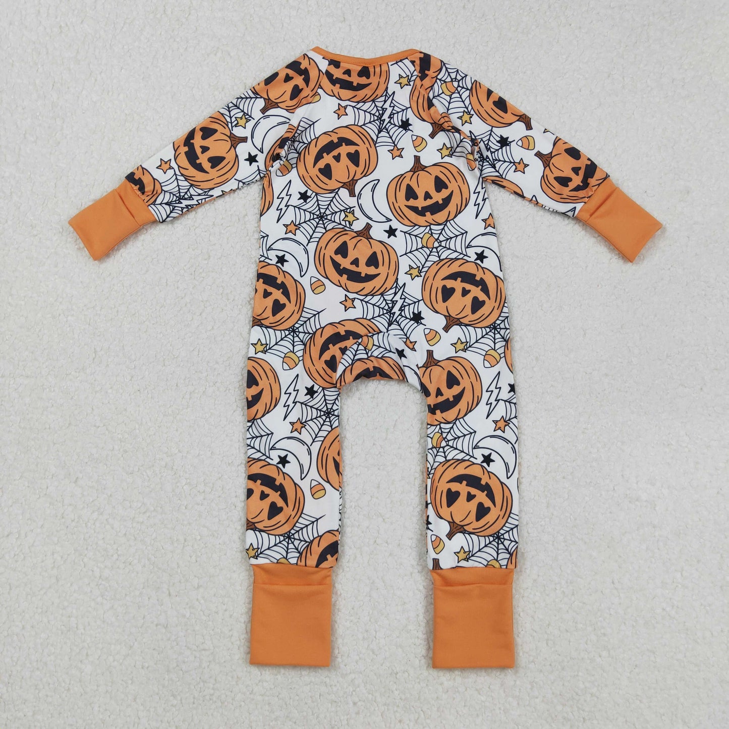 LR2528 Baby Boys Halloween Pumpkin Long Sleeve Footed Romper With Zippy