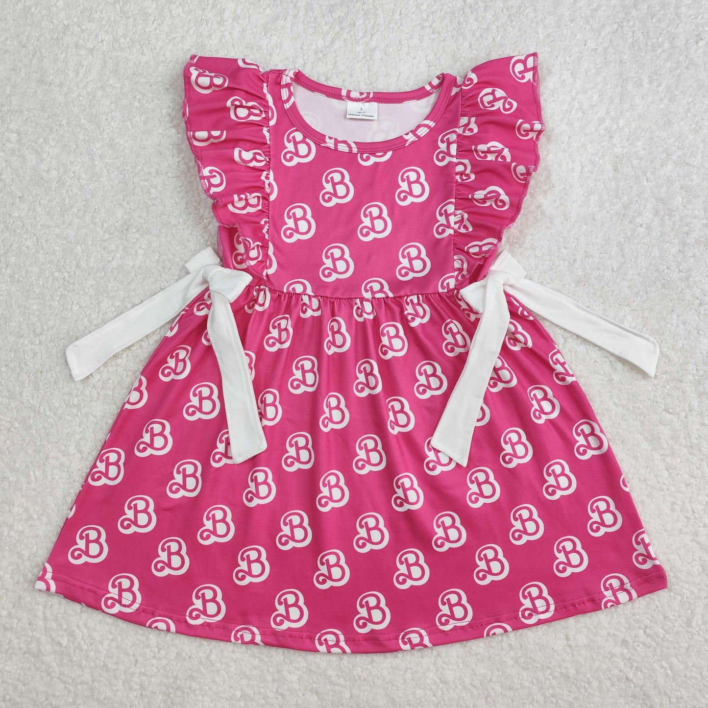 Baby Girls Hot Pink Ruffle Sleeveless B Print Bows Valentines Dresses