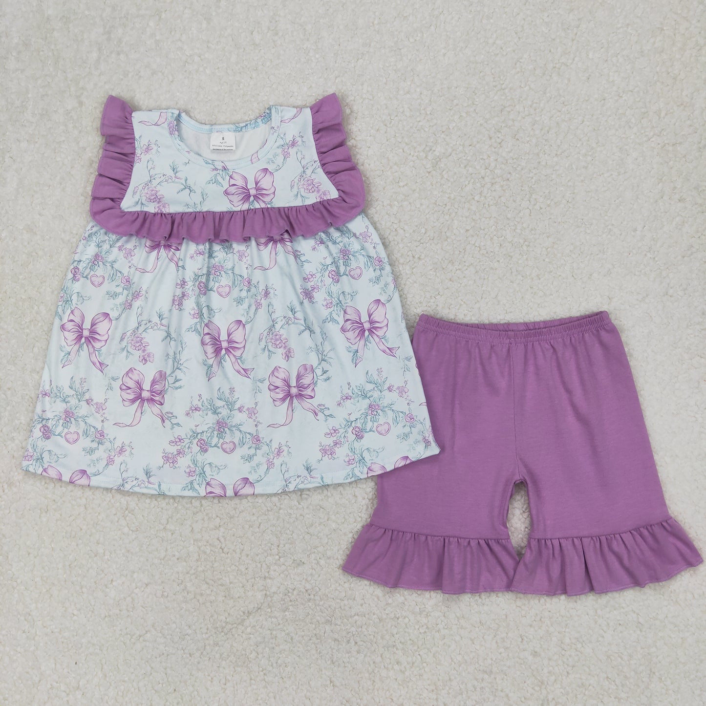 Baby Girls Lavender Ruffle Sleeveless Floral Bows Tunic Short Set